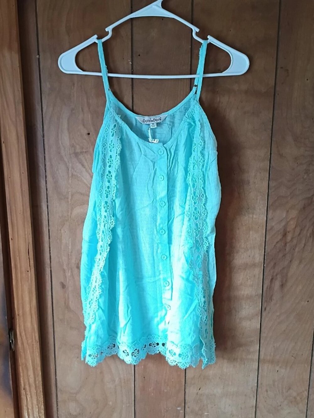 Davi & Dani Womens Medium Aqua Lace Trim Button Front Cami Tank Top Rayon Boho